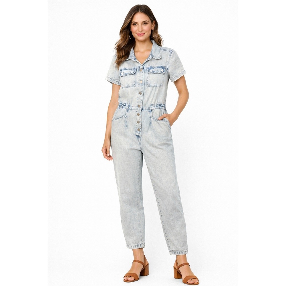 Skies Are‎ Blue Womens Acid Wash Denim Jumpsuit Light Blue Short Sleeve Size M